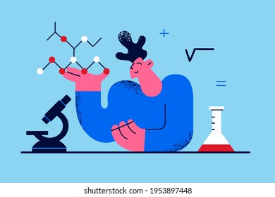 Education, chemistry learning concept. Young smiling man student cartoon character sitting with flask and studying chemical science alone vector illustration 