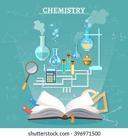 Education chemistry lesson open book science experiment vector illustration 