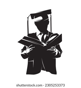 Education. A child with a book learns, isolated vector silhouette, front view