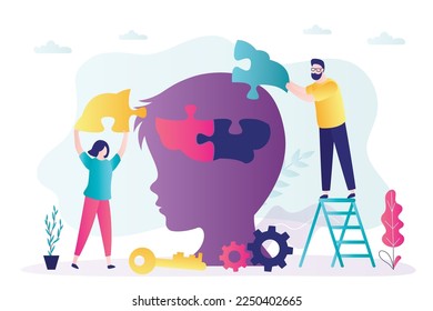 Education, child development. Parents help child develop skills, improvement mindset maintain mental health, positive thinking. Teenager head silhouette and people put puzzle pieces in brain. vector