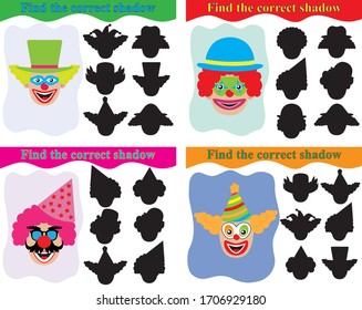 Education for children. Find the correct shadow of clowns, set of educational game for kids. Vector illustration.