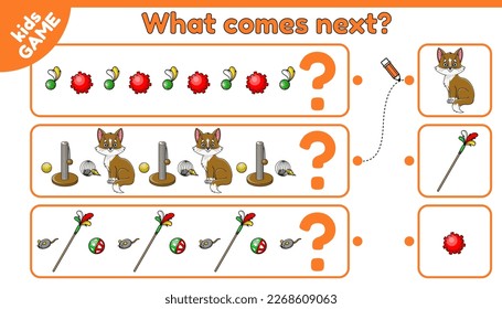 Education children game. What comes next is. Guess the sequence of objects. Match the correct answer. Logic puzzle for preschool and school kids. Cartoon cat and pet accessories. Vector illustration.