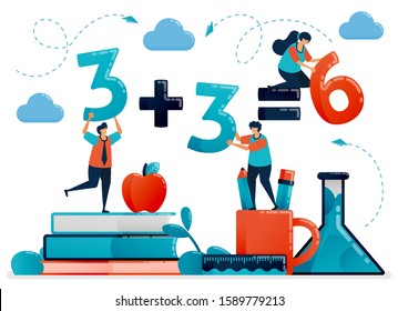 Education For Children. Mathematic Lesson To Count And Number. Kids Learning In School. Preschool Kindergarten. Flat Character Vector Illustration For Landing Page, Web, Banner, Mobile Apps, Poster