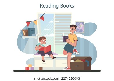 Education. Children reading books for academic progress and future career building. Imagination and intellegence development. Happy childhood. Flat vector illustration
