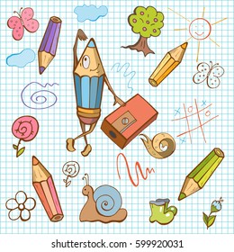 Education. Children's drawing in pencils, back to school, vector illustration, set of children's toys

