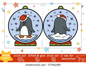 Education Christmas Paper Crafts for children, Snowball with a penguin. Use scissors and glue to create the image.