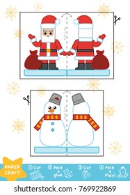 Education Christmas Paper Crafts for children, Snowman and Santa Claus. Use scissors and glue to create the image.