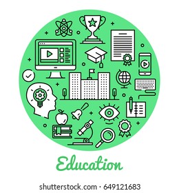 Education. Circle concepts education banner. Thin line art design. Modern graphic design line icons, flat elements set for websites, web banners, infographics. Creative vector illustration
