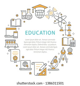 Education circle template flat line icons. Set of chemistry, microscope, biology, geometry and more.