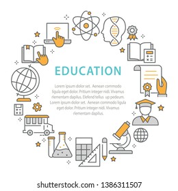 Education circle template flat line icons. Set of chemistry, microscope, biology, geometry and more.