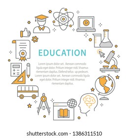 Education circle template flat line icons. Set of chemistry, microscope, biology, geometry and more.