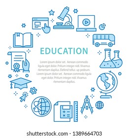 Education circle template flat line icons. Set of chemistry, microscope, biology, geometry and more.