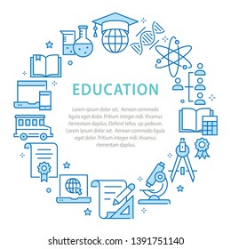 Education circle template flat line icons. Set of chemistry, microscope, biology, geometry and more.