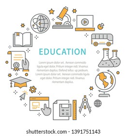 Education circle template flat line icons. Set of chemistry, microscope, biology, geometry and more.