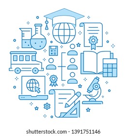 Education circle template flat line icons. Set of chemistry, microscope, biology, geometry and more.