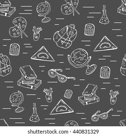 Education Class Pattern With School Supplies. Vector Hand-drawn Doodle Illustration On Black Background For Schools, University, Kinder Garden And Classrooms.