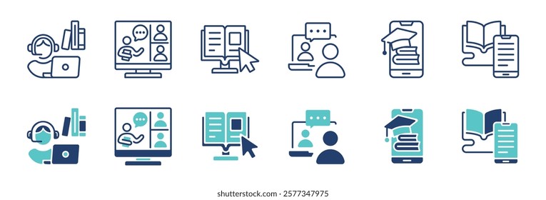 education classroom learning icon line set online course presentation seminar video book study media sign vector illustration