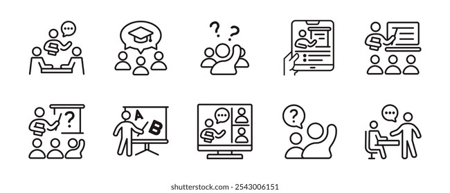 education classroom student learning icon set online school conference seminar presentation lecture signs vector outline illustration business academy teaching people symbol design
