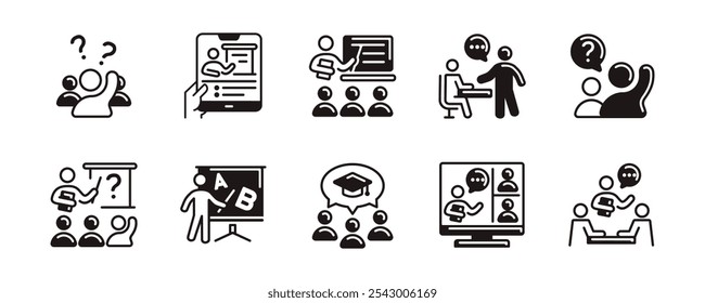 education classroom student learning icon set school lecture conference study course signs vector illustration business online seminar meeting with unique style design