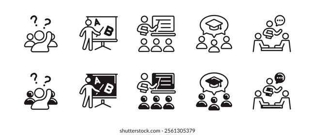 education classroom student learning icon set workshop seminar school conference coaching course lecture signs vector line illustration