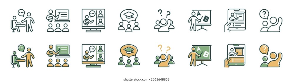 education classroom student learning icon set workshop school study teacher presentation seminar conference signs vector business training course symbol illustration