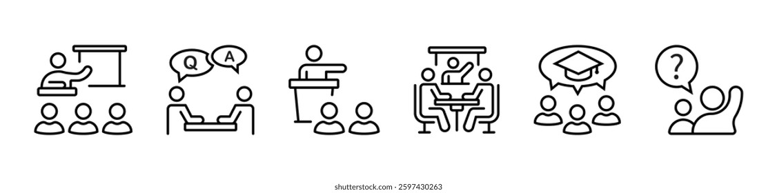 education classroom student learning icon set workshop seminar school conference coaching course lecture signs vector line illustration