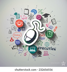 Education collage with icons background. Vector illustration