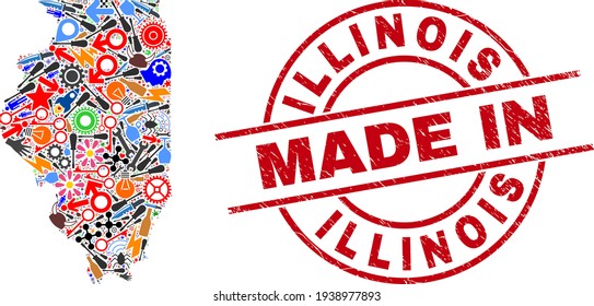 Education Collage Illinois State Map and Made in Grunge Rubber Stamp