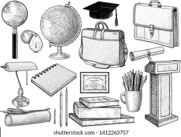 Education collection illustration, drawing, engraving, ink, line art, vector