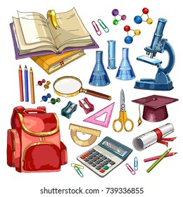 Education collection. Education and science elements. Back to school concept. Modern education elements, school tools. Open book of knowledge set