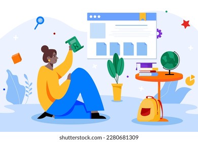 Education color concept with people scene in the flat cartoon design. Girl read different information from various sources to gain a good education. Vector illustration.