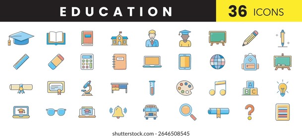 Education Color Icon Set – Vibrant Vector Icons of Learning, School Supplies, and Academic Tools