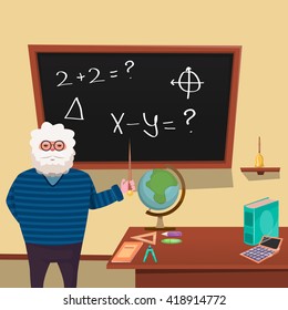 Education colored concept with teacher in classroom leading a lesson on the blackboard vector illustration