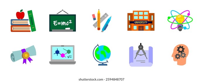 Education colored icon set. School, university and learning symbols collection. Knowledge, research and academic study illustration. Classroom, diploma, student and science pictogram colorful set.