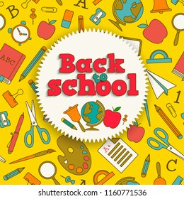 Education colorful background with back to school sticker and supplies seamless pattern vector illustration