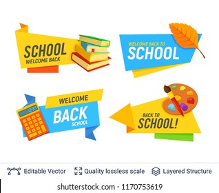 Education colorful badges collection. Bright cartoon label with editable copy space for beginning of school year.