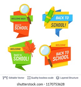 Education colorful badges collection. Bright cartoon label with editable copy space for beginning of school year.