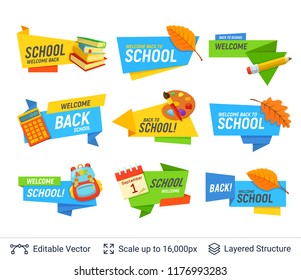 Education colorful badges vector set. Bright cartoon label with editable copy space for beginning of school year.