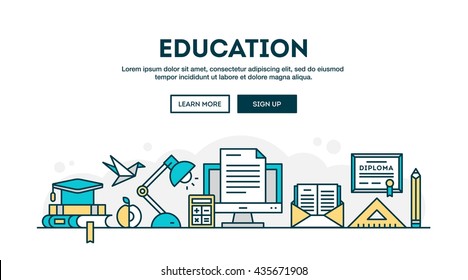 Education, colorful concept header, flat design thin line style, vector illustration
