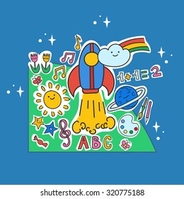 Education colorful stickers set on blue background for school and kindergarten. Rocket ship and some shcool elements. Children creativity learning. Back to school background.