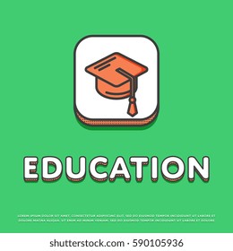 Education colour square icon isolated vector illustration. Mortar board or graduation cap symbol. High school education concept, college, university logo or sign in line design.