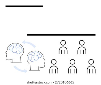 Education, communication, teamwork, collaboration, knowledge sharing, human connection. Diagram showing brain icons with arrows and group of people. Education and communication concept