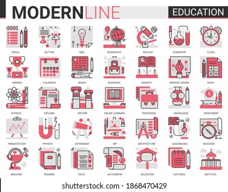 Education complex concept flat line icon vector set with outline infographic school, laboratory or university, educational symbols, lab experiment equipments, school book and stationery