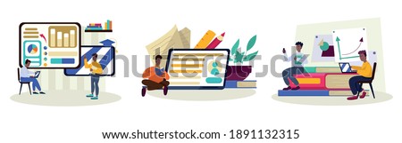 Education composition with students learning and studying. Creative concept of university education and online learning. Vector illustration in cartoon style.