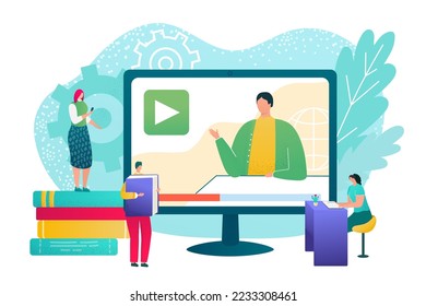 Education in computer technology, distance internet school vector illustration. Get knowledge online, university teaching for learning