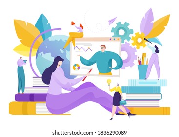 Educación en computación, ilustración vectorial. Persona de carácter concepto de comunicación de aplicaciones a distancia, cursos planos con libro. Personas adultas usan una aplicación en línea para asistencia de caricaturas.