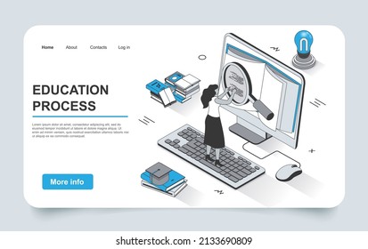 Education concept in 3d isometric landing page outline design. Student learning online, studying textbook on computer, reading book and preparing for exams, line web template. Vector illustration.