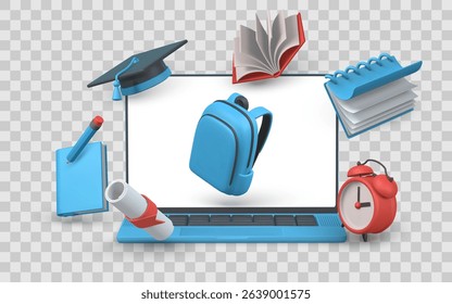 Education Concept With 3D School Supplies Floating Around Laptop Including Backpack, Books, Cap, and Alarm Clock. Perfect for Online Learning and Back to School. Vector Illustration.