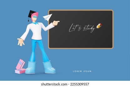 Education concept. 3D stylised man in graduate hat with books. chalkboard and paper plane showing somethig