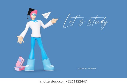 Education concept. 3D stylised man in graduate hat with books and paper plane showing something